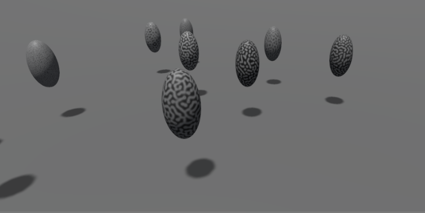 Image of textured ovoid-shaped objects in a VR environment.