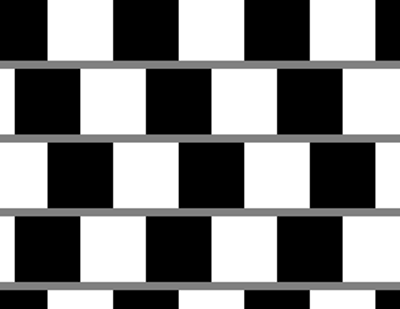 illustration of the cafe wall illusion. offset black tiles with grey grout. The grout appears to be sloping, i.e. not horizontal.